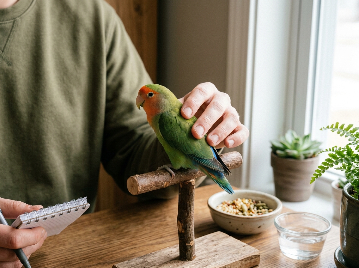 Bird mom checking pet bird health signs during daily care