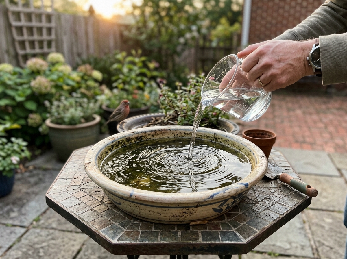 Person watering a backyard birdbath with fresh water before mosquitoes breed
