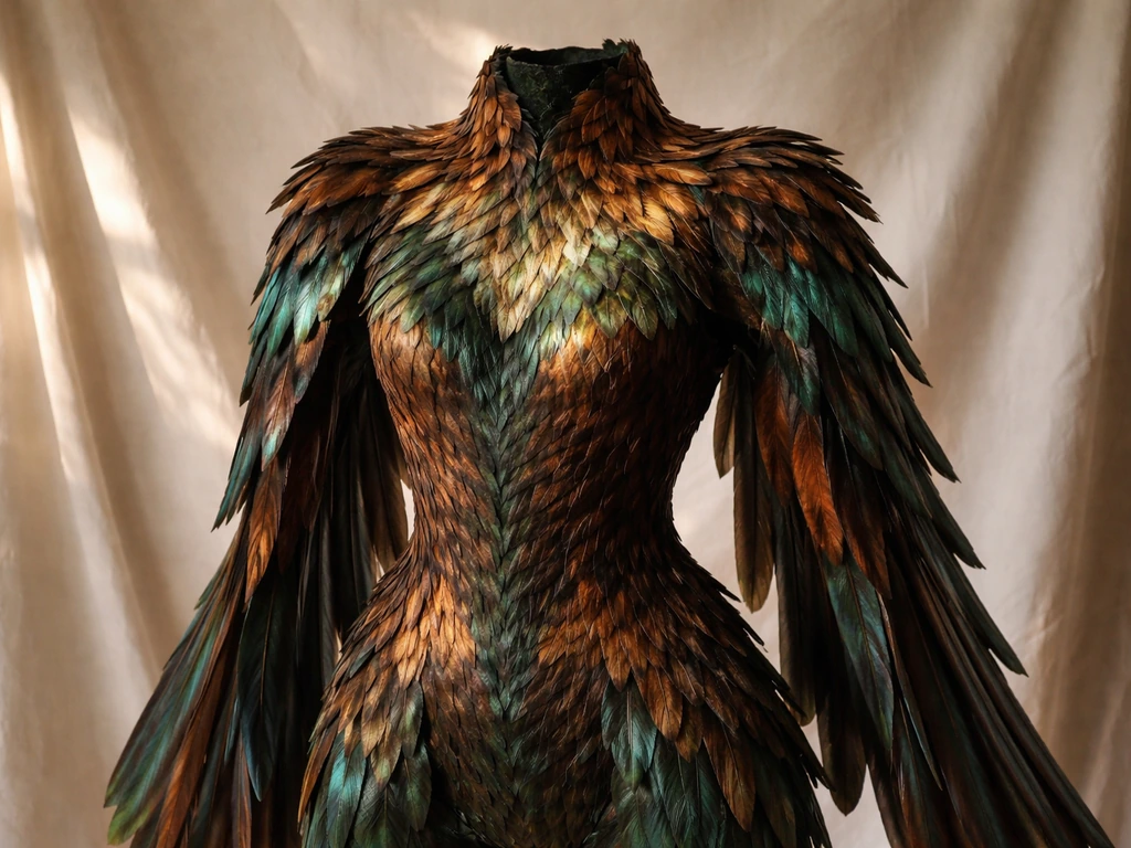 Close-up of a vivid feathered bird-suit costume on a simple studio backdrop