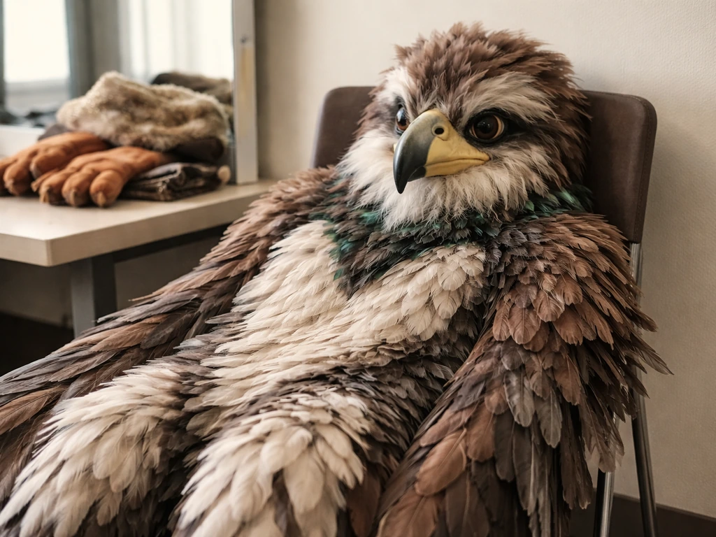 Close-up of a feathered bird costume laid out in a costume room, showing the outfit clearly.