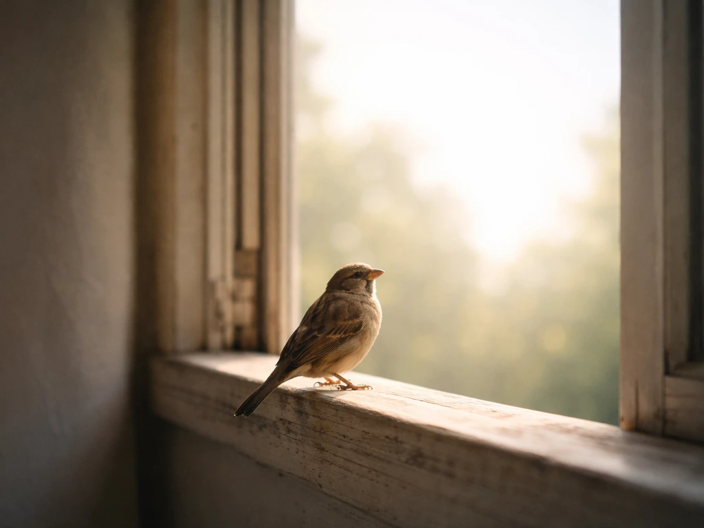 A small bird perched near an open window, soft morning light and open sky symbolizing spiritual freedom.