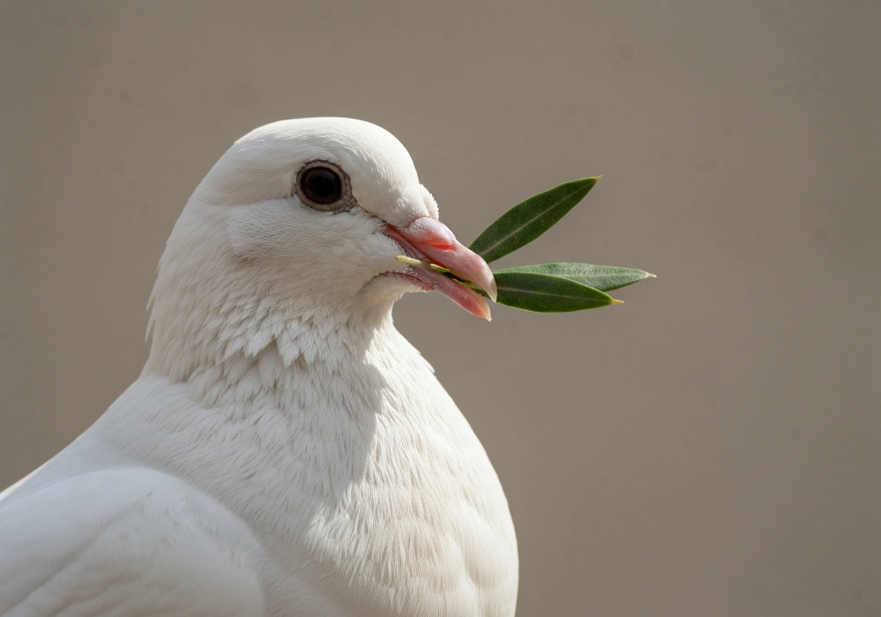 Close-up of a dove holding a small olive leaf, softly lit on a simple neutral background.