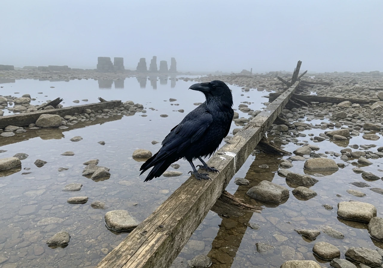 A black raven perched on a broken wooden beam near a misty, flood-damaged ruin in muted light.