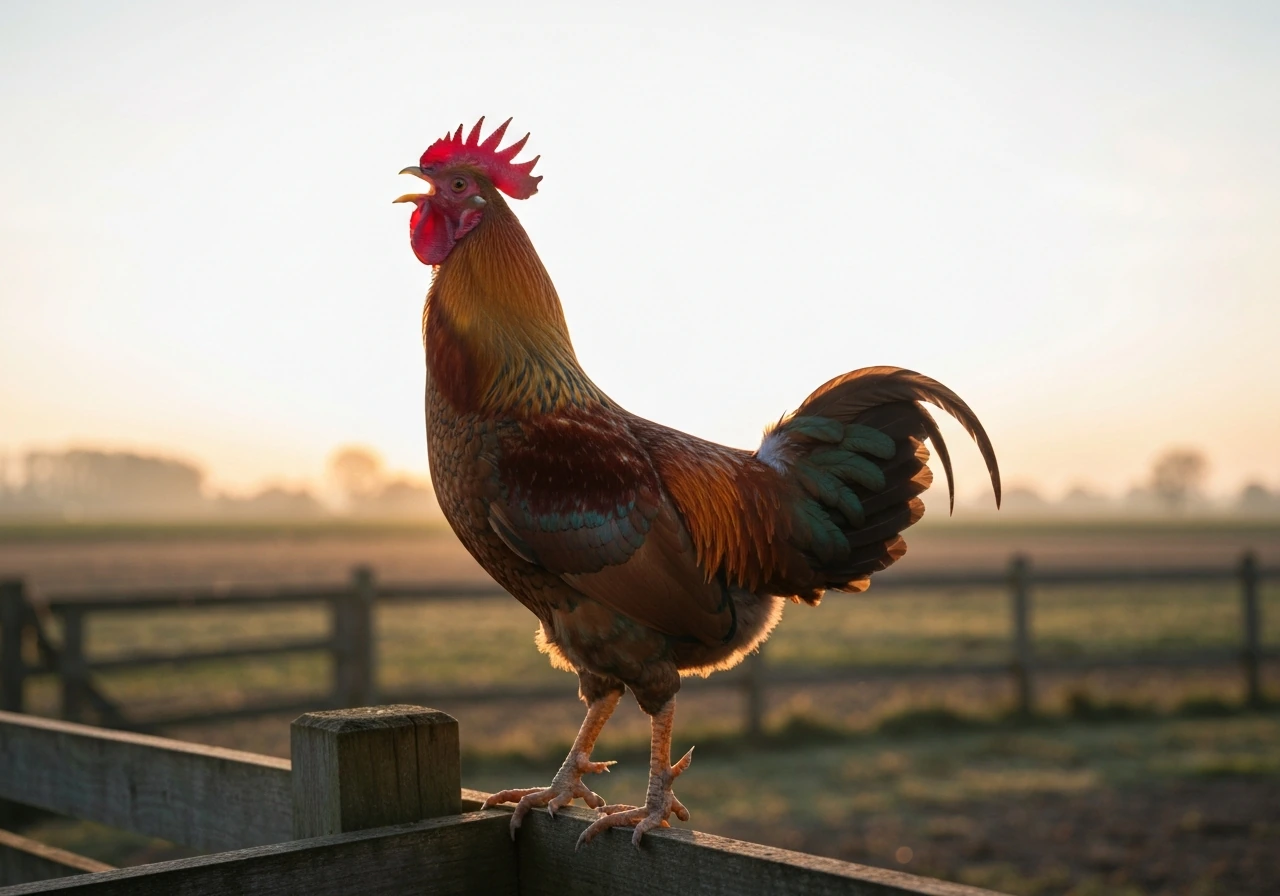 Rooster crowing on a fence at sunrise with warm morning light and a quiet farmyard background.
