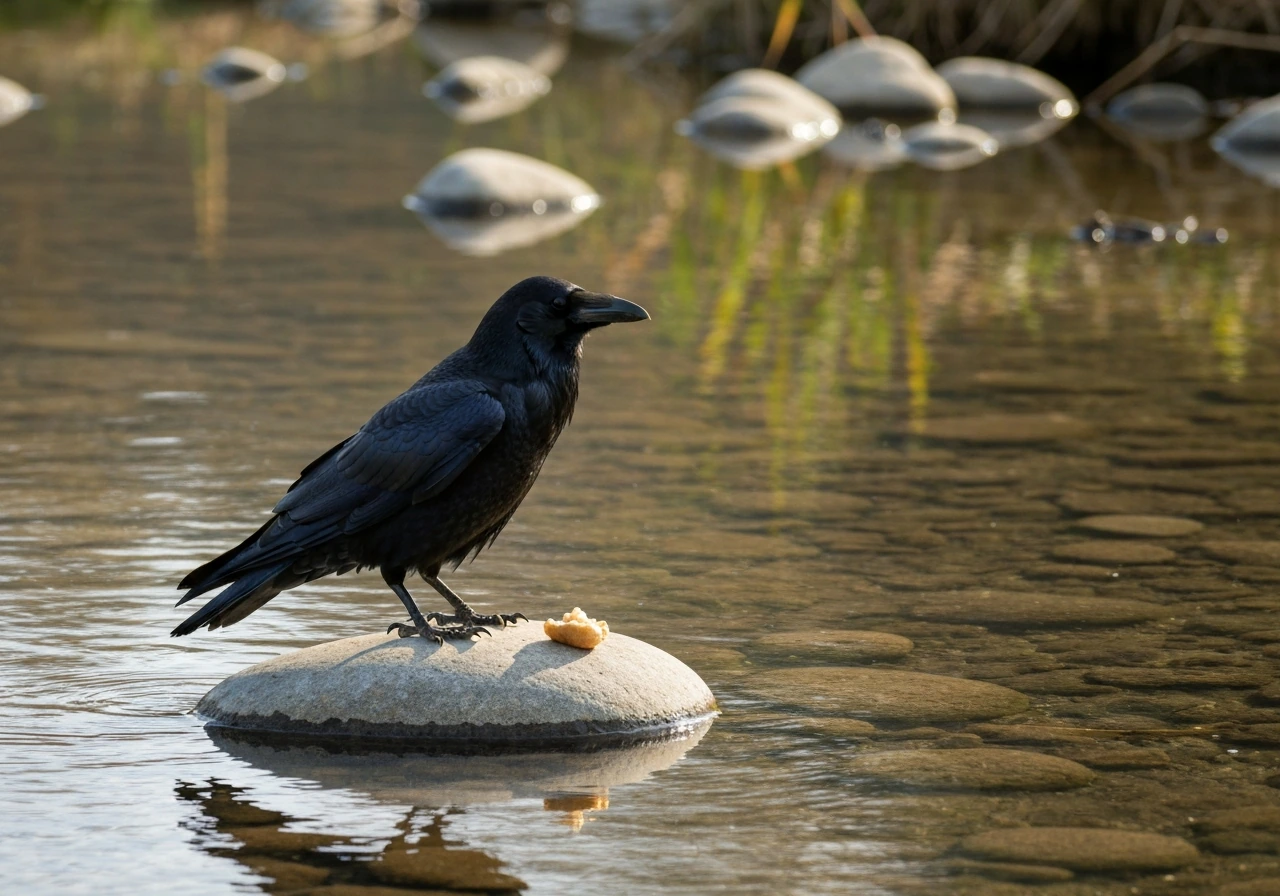 A raven perched by a calm brook with small food on the stone, suggesting provision.