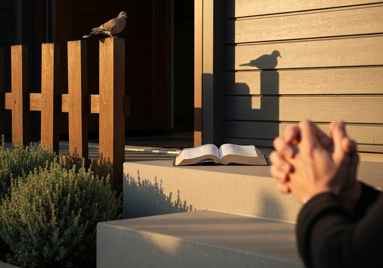 A small dove perches on a fence beside an open Bible at a home entrance; hands clasped nearby.
