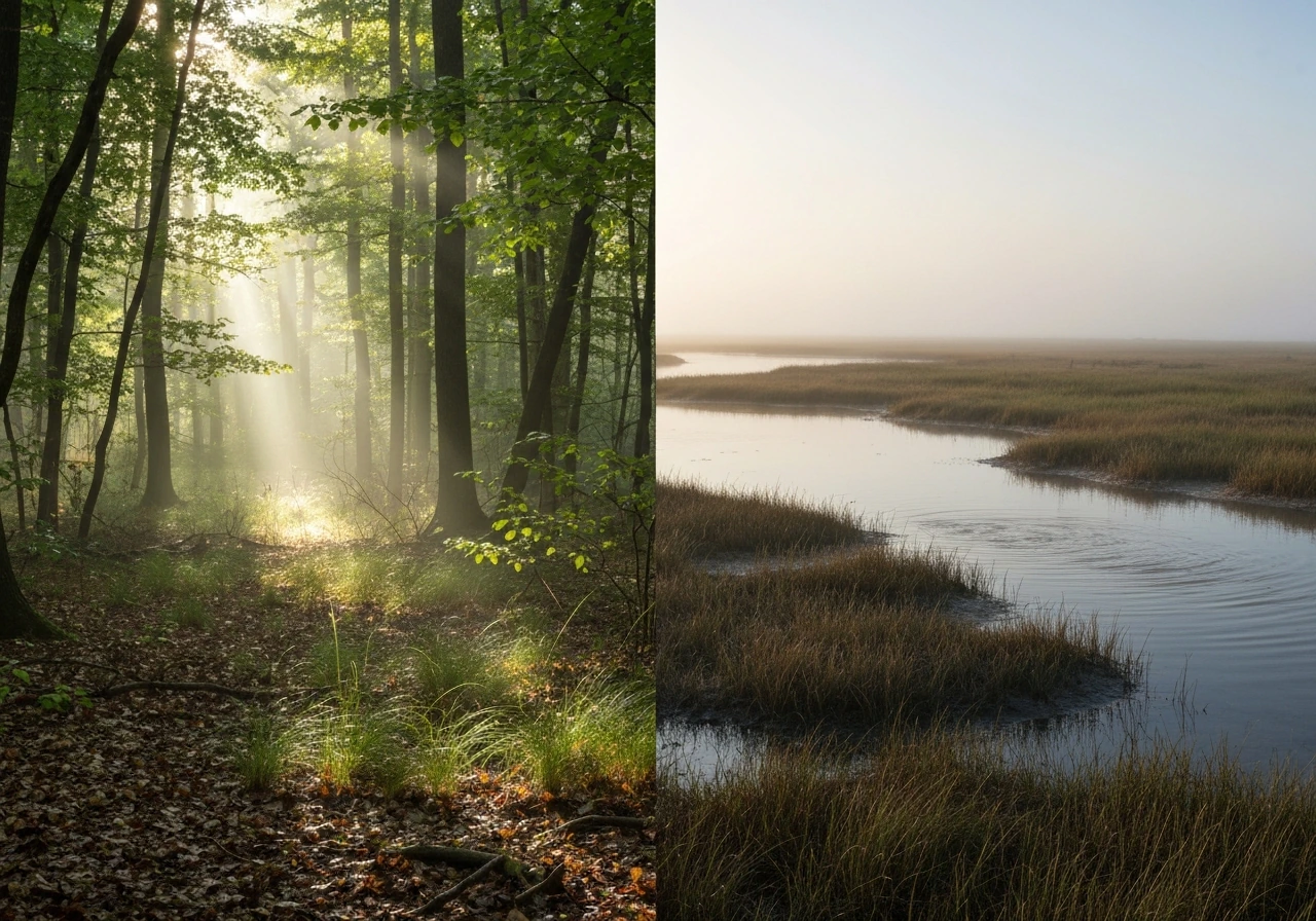 Split sunrise photo: dense hardwood forest on the left and a coastal salt marsh on the right.