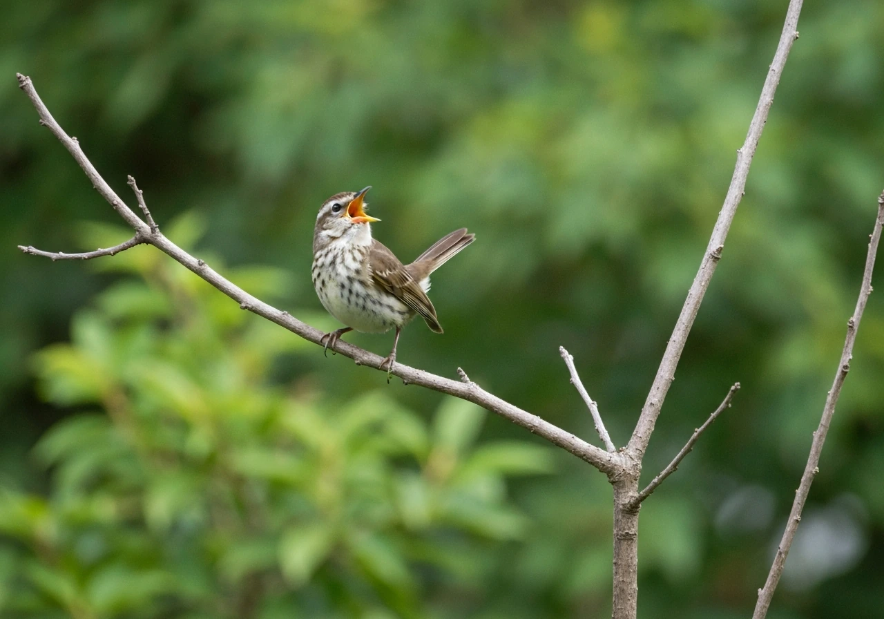 Small songbird perched on a branch, beak open mid-call with tail flicking, simple blurred greenery background.