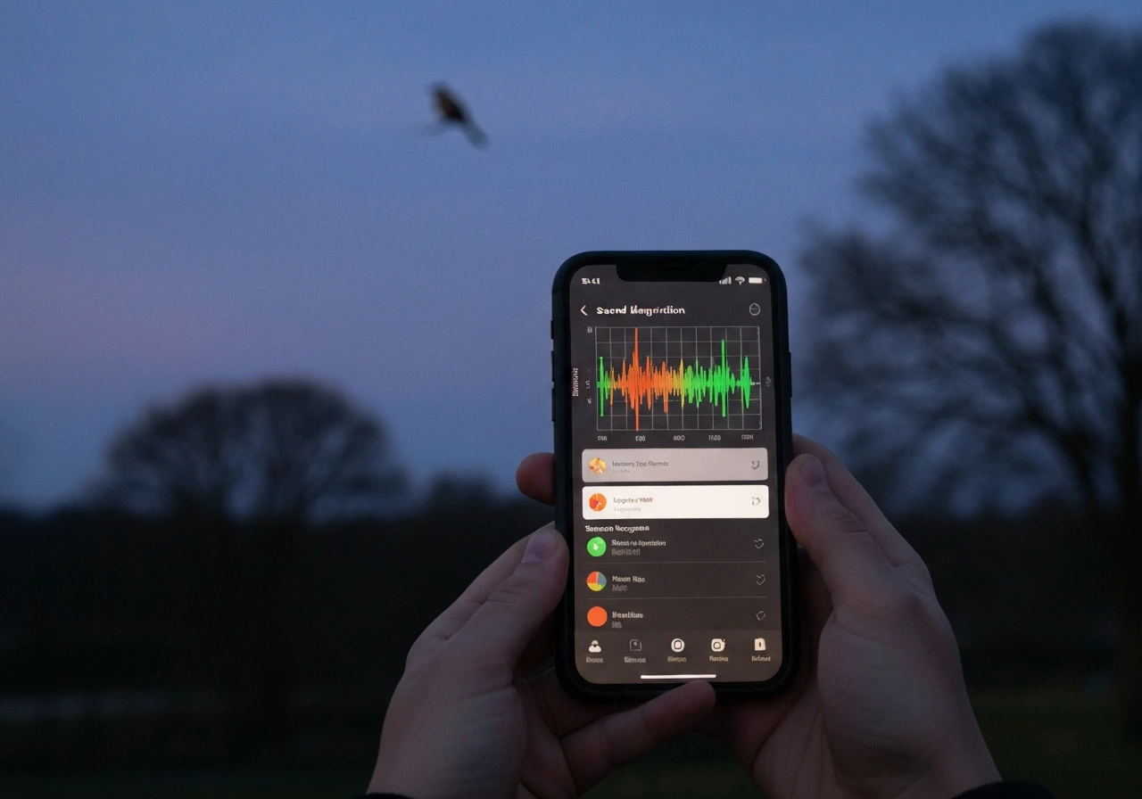 Phone outdoors showing a bird-sound app screen with a spectrogram and suggestions, blurred background trees.