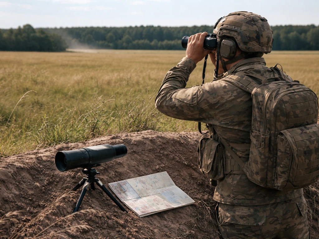 Anonymous forward observer in a field scanning the distance through binoculars beside a map and spotting scope