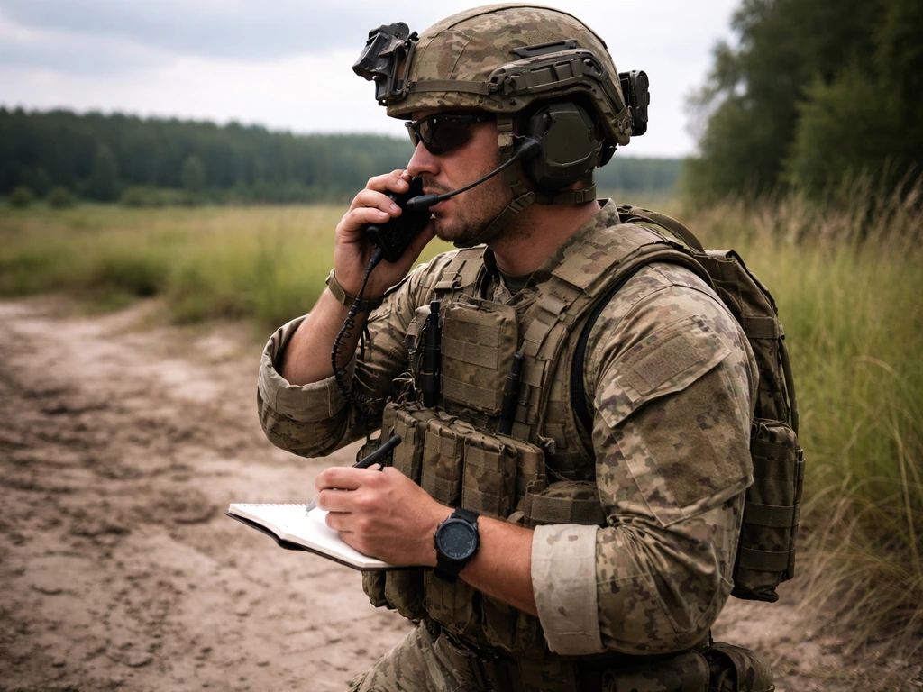 Forward observer in field using a handheld radio to relay target corrections while noting coordinates.