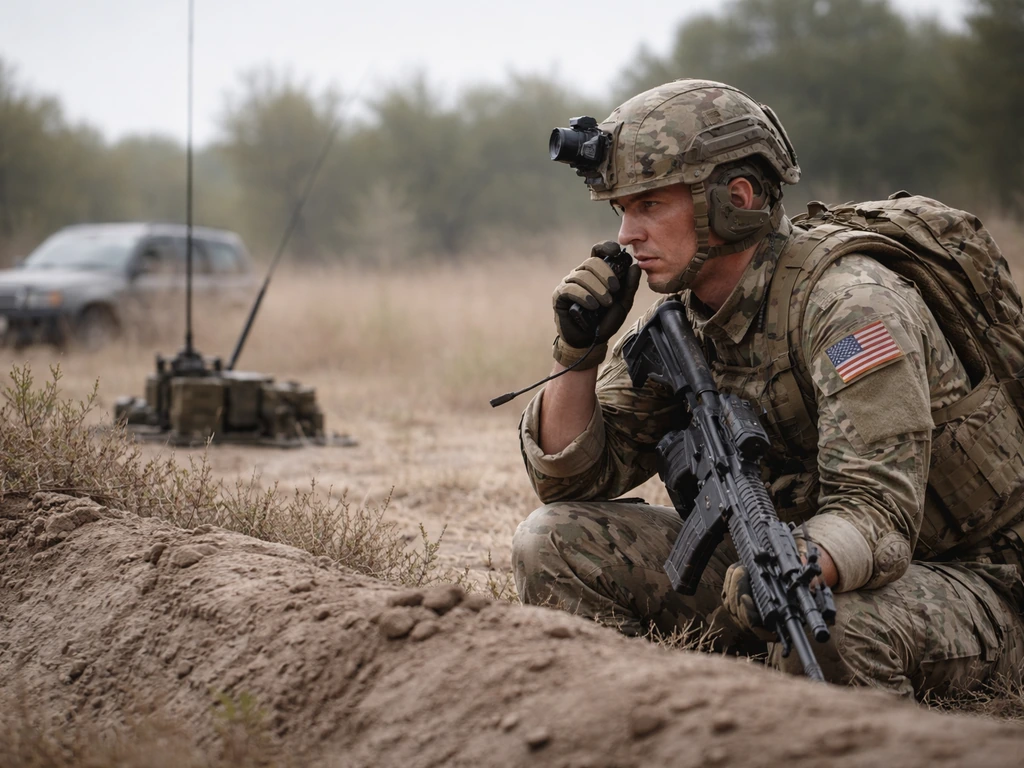 Soldier crouched behind a berm uses a handheld radio while an antenna and vehicle sit under terrain masking in back.