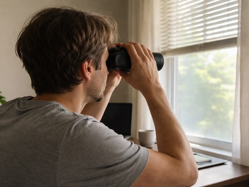 Anonymous person holding binoculars and watching out a window, suggesting close attention.