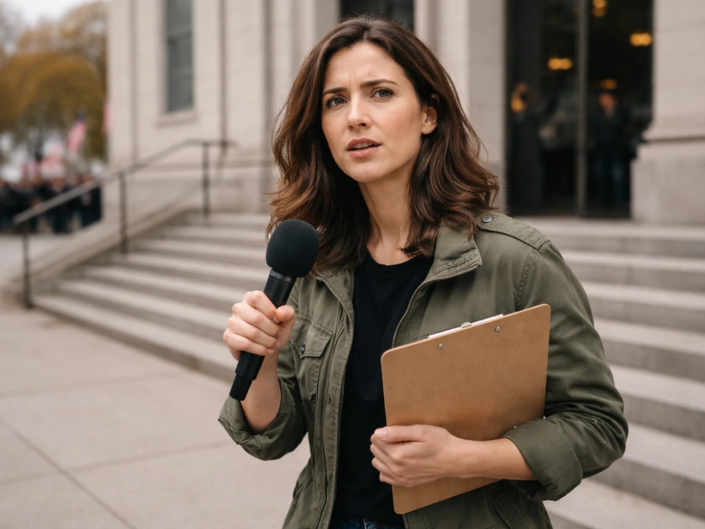 Activist with microphone and clipboard at a candidate event, poised to ask persistent questions.