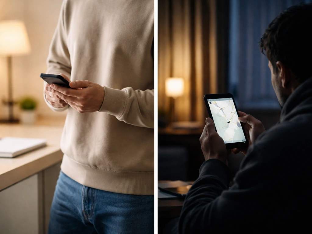 Split photo: benign customer check-in vs tense phone location-stalking at night, no text.
