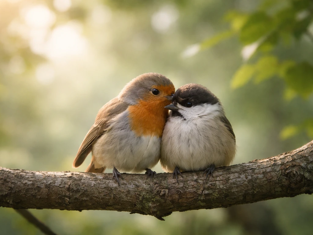 Two small birds perched close together on a tree branch in soft natural light.