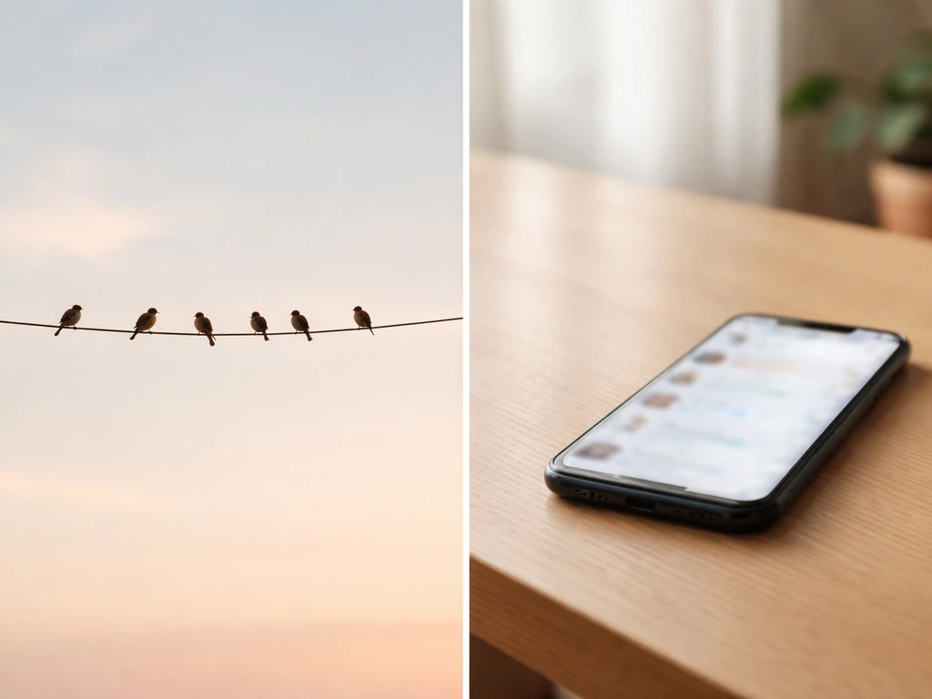 Split photo: birds on the left, an off-screen smartphone glow on the right, symbolizing two “bird theory” meanings.