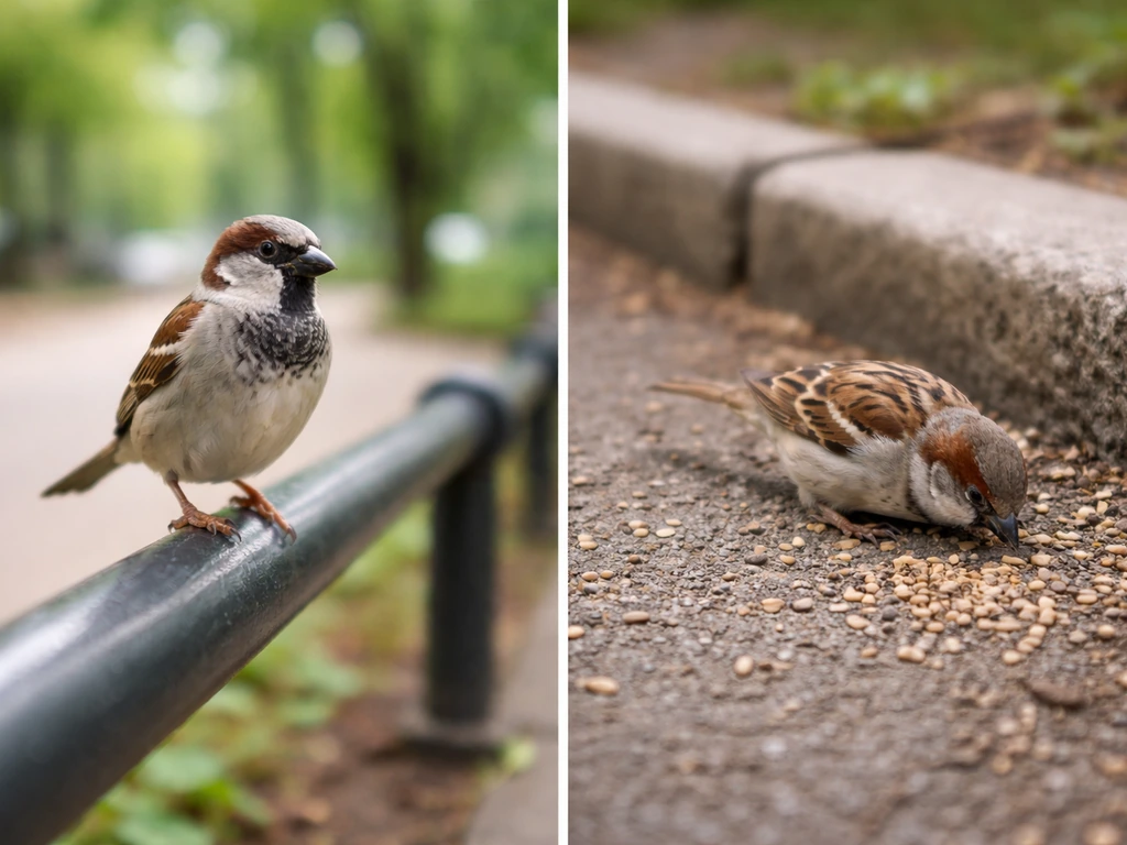 Side-by-side: a bird perched alert on a quiet sidewalk versus another pecking at scattered seeds on the ground.