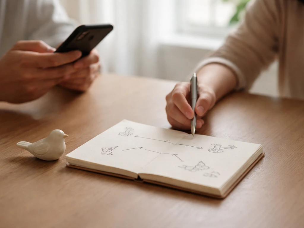 Two people at a table using a notebook and phone, with simple bird doodles for communication cues.