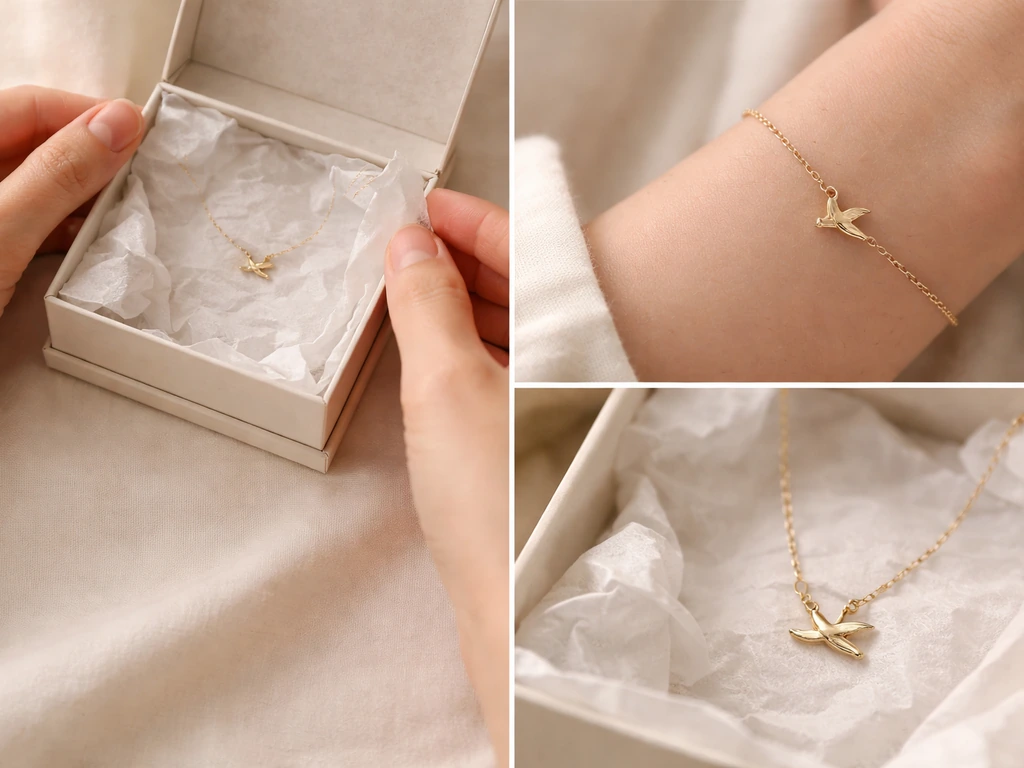 A bird pendant necklace being unpacked from a jewelry box, with the chain draped casually nearby.