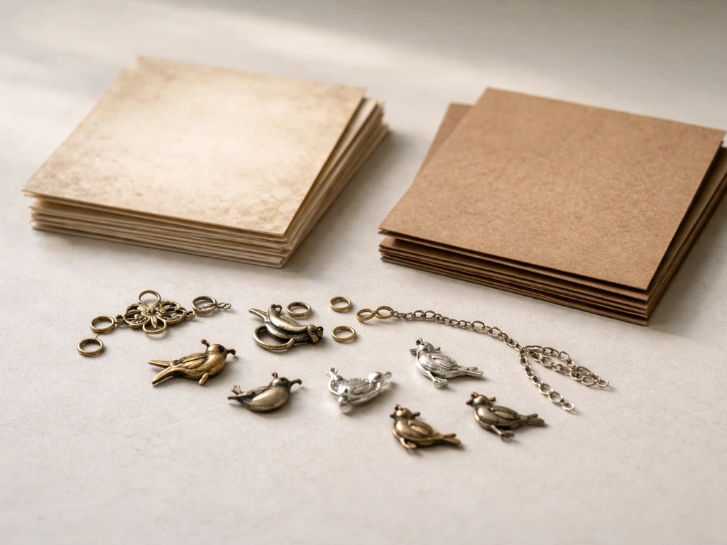 Assorted small bird-charm necklace components beside two myth-style card stacks showing folklore vs tradition split.