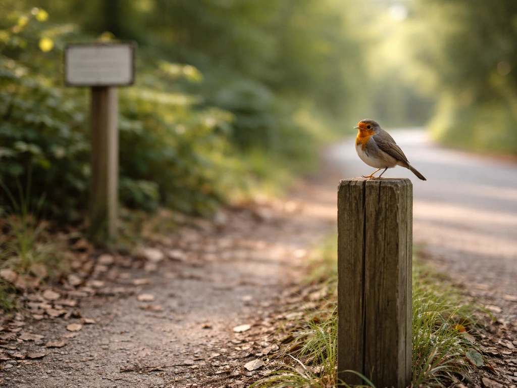 Wild bird perched beside a boundary marker and signpost on a quiet trail