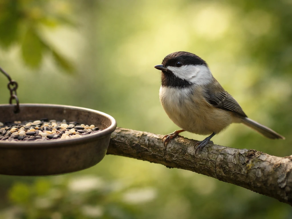 Close-up of a small songbird perched near a branch and feeder in a quiet natural habitat.