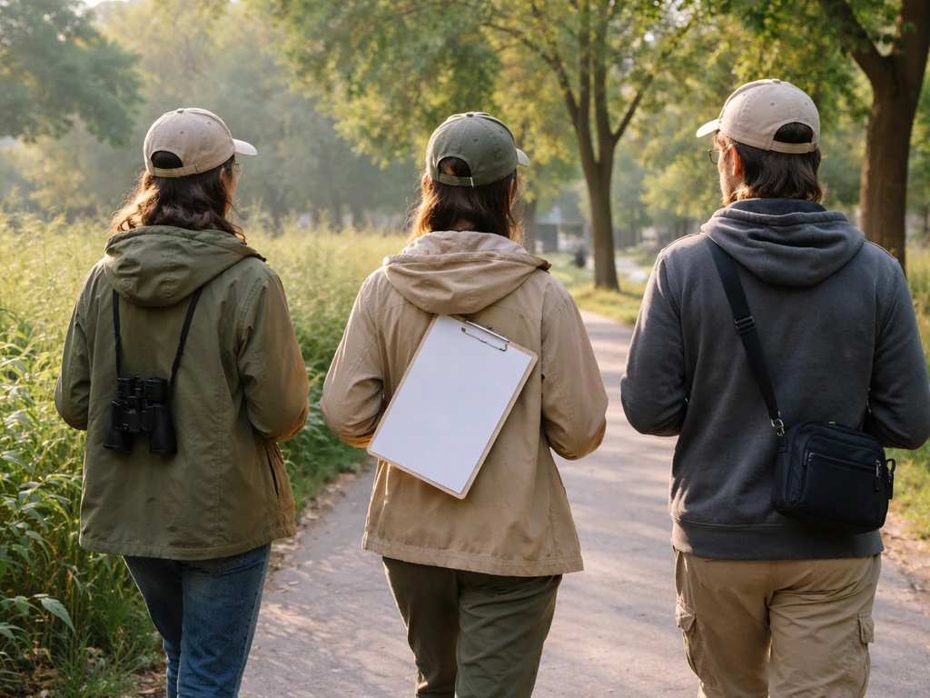 Volunteers at a park bird-watching, carrying binoculars and a clipboard during monitoring