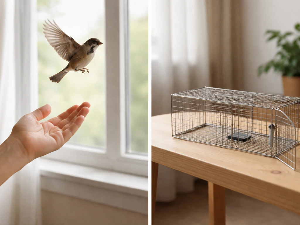 Split view showing a hand safely releasing a sparrow and a wire trap/cage as an avoided harm.