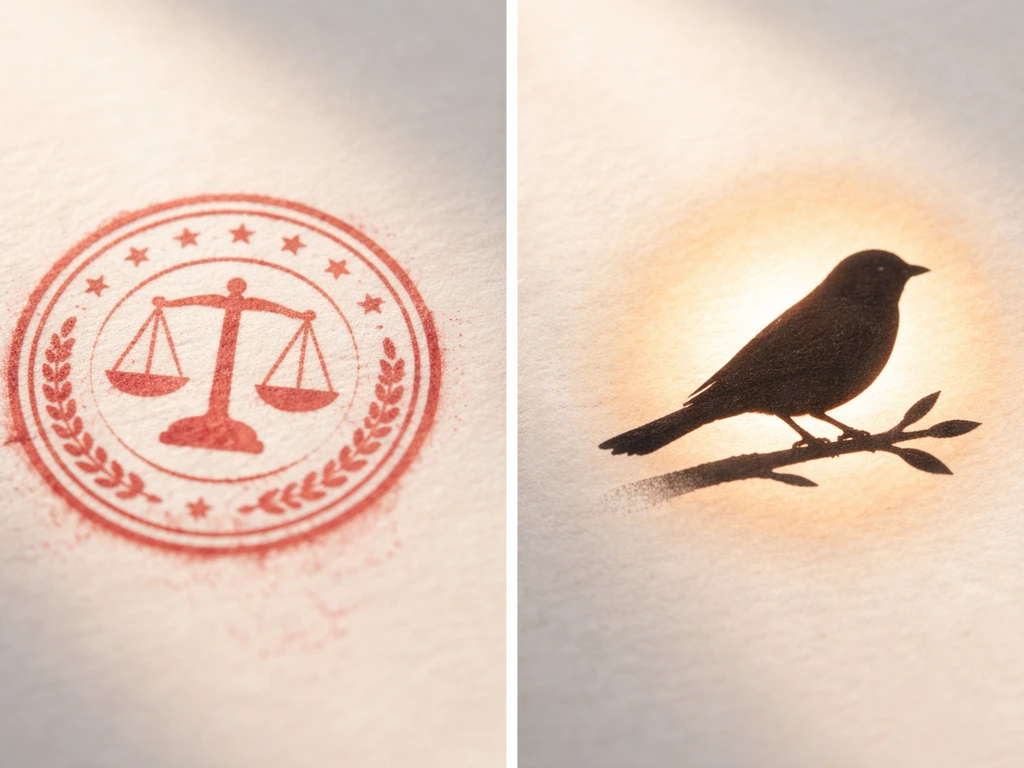Minimal two-icon comparison: law/permit stamp on one side and a bird silhouette with folklore feel on the other.