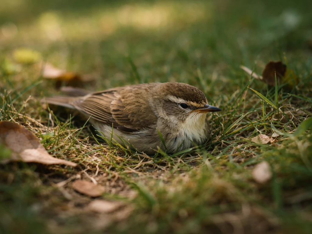 Small bird resting on the ground in dappled sunlight, calm urgent atmosphere.