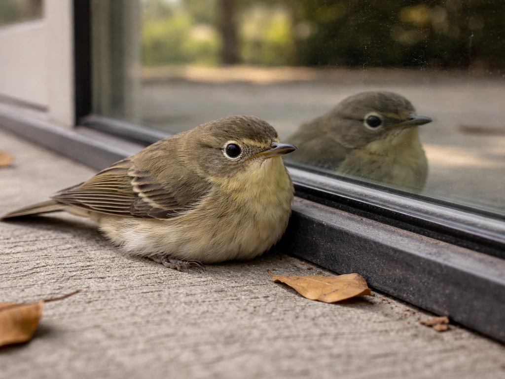 Close-up of a small bird stunned on the ground near a glass window with faint reflection cues.