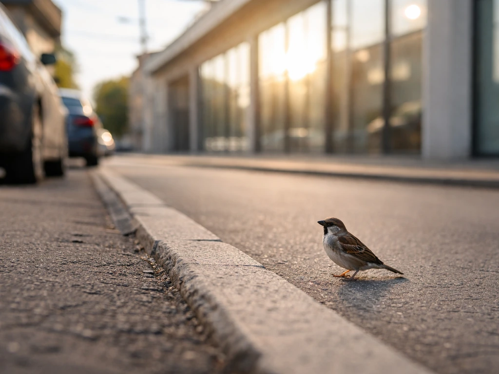 Small roadside bird near a car danger zone with a reflective building window hazard in the background.