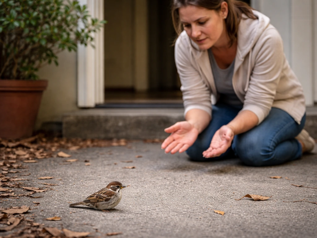 A caregiver from a safe distance observes a bird on the ground near a doorway with natural behavior cues visible.