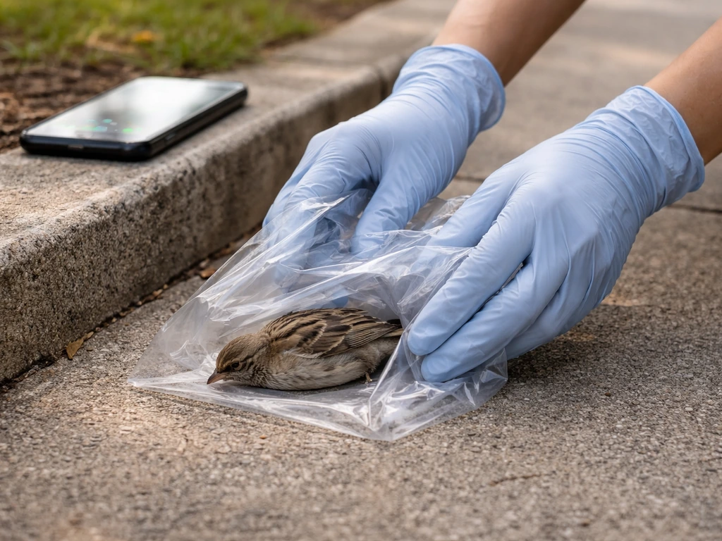 Gloved hands using a plastic bag to contain a small dead bird near a phone screen with emergency contacts