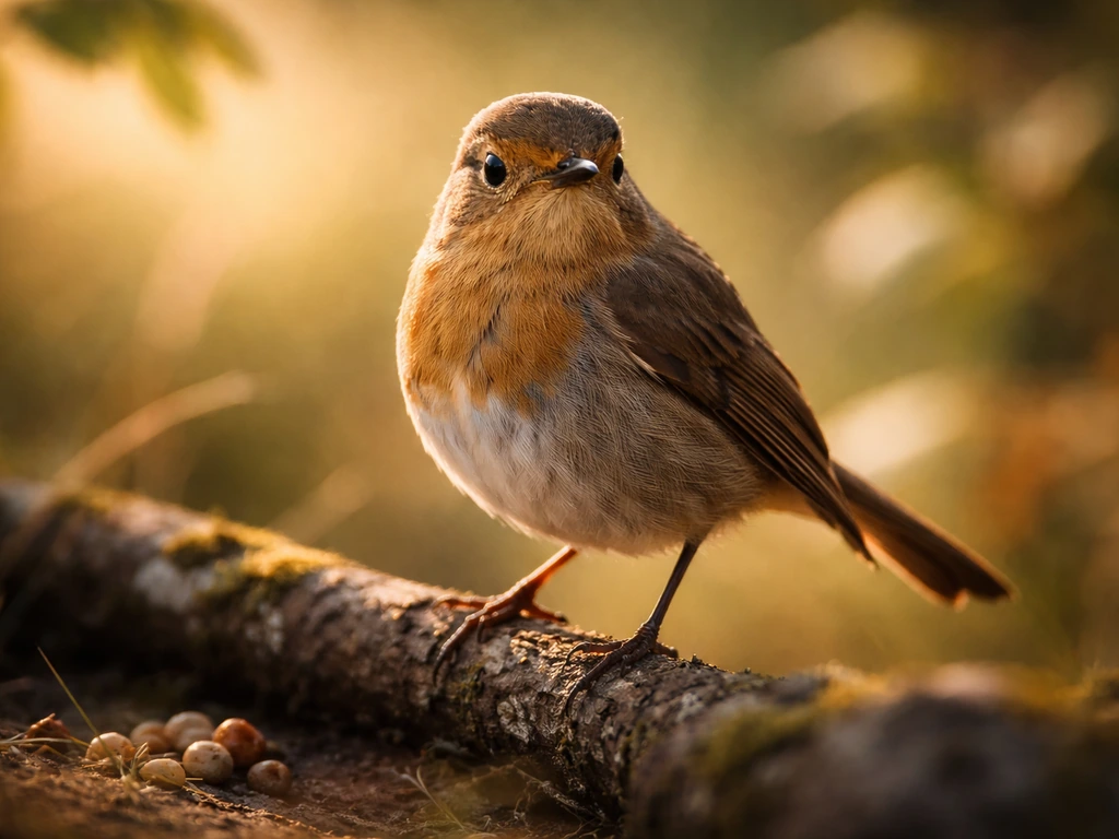 Golden-hour close-up of a watchful wild bird perched beside natural seeds on a branch.