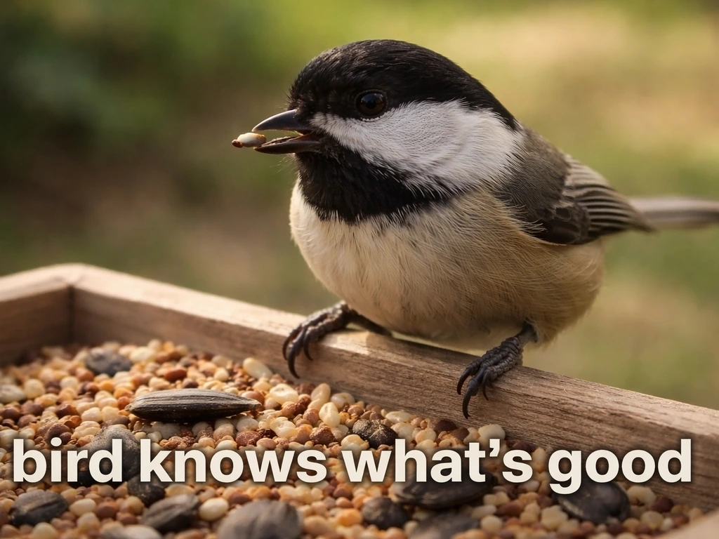 A content bird feeding with a faint meme-style caption overlay reading “bird knows what’s good”.