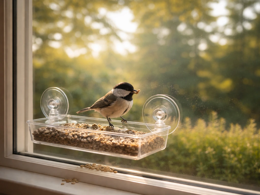 A small bird at a window feeder with seed tray visible and tree reflections on the glass.