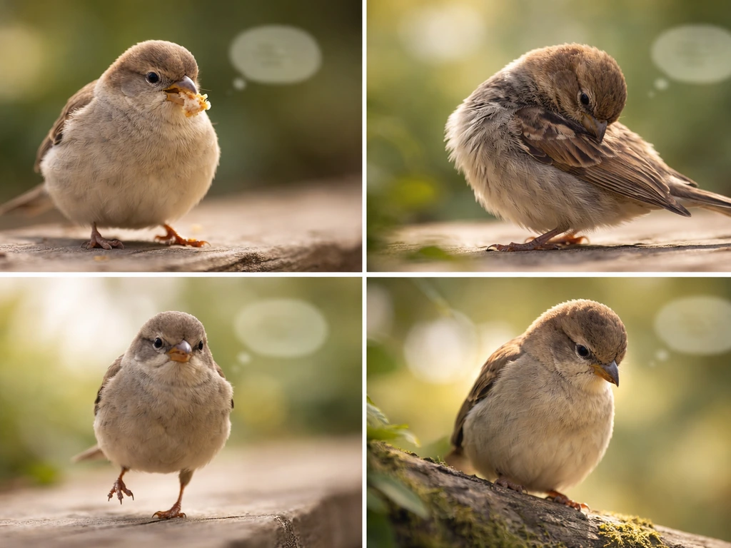Four simple bird video stills showing self-satisfied moments like eating, preening, and confident hopping.