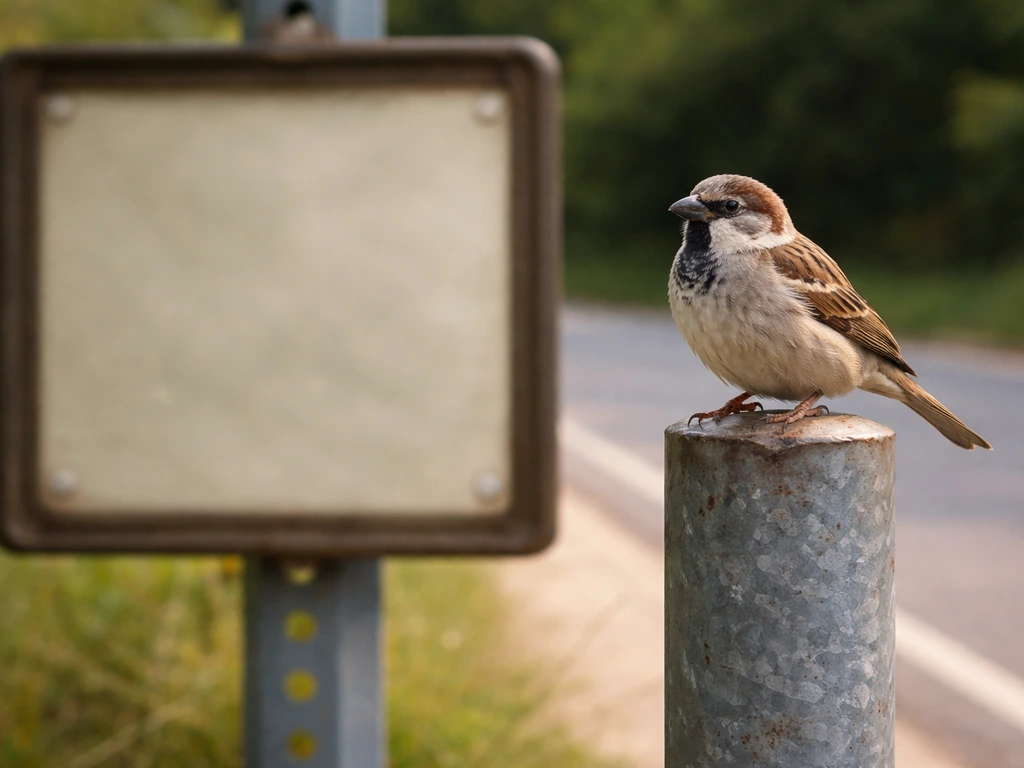 Sparrow perched beside a roadside signpost with a blank wildlife-protection notice panel in soft focus background.