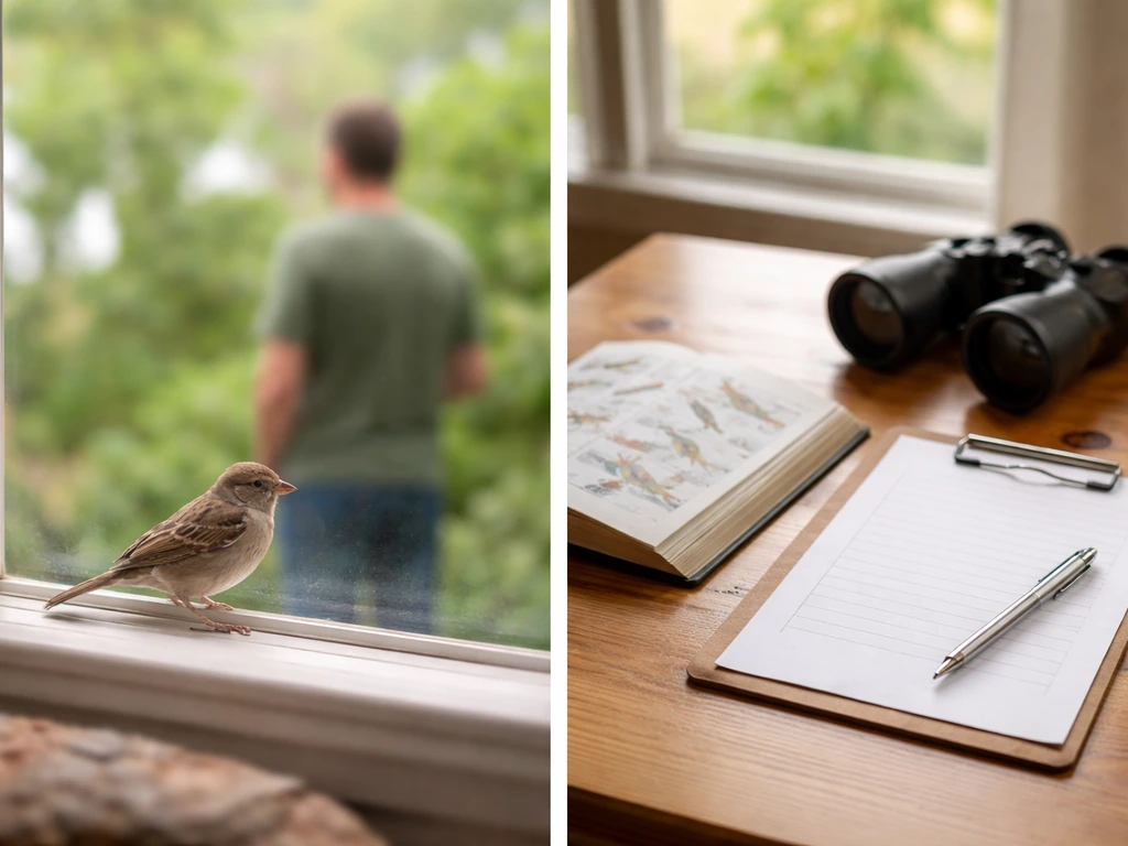 Two-panel photo: a bird in a backyard vs a desk with field guide and blank checklist for fact-checking.