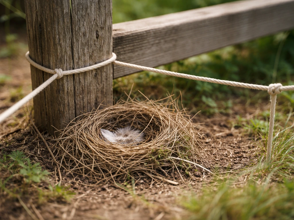 A bird nest on a fence post with a rope/tape boundary nearby to show not to disturb it.