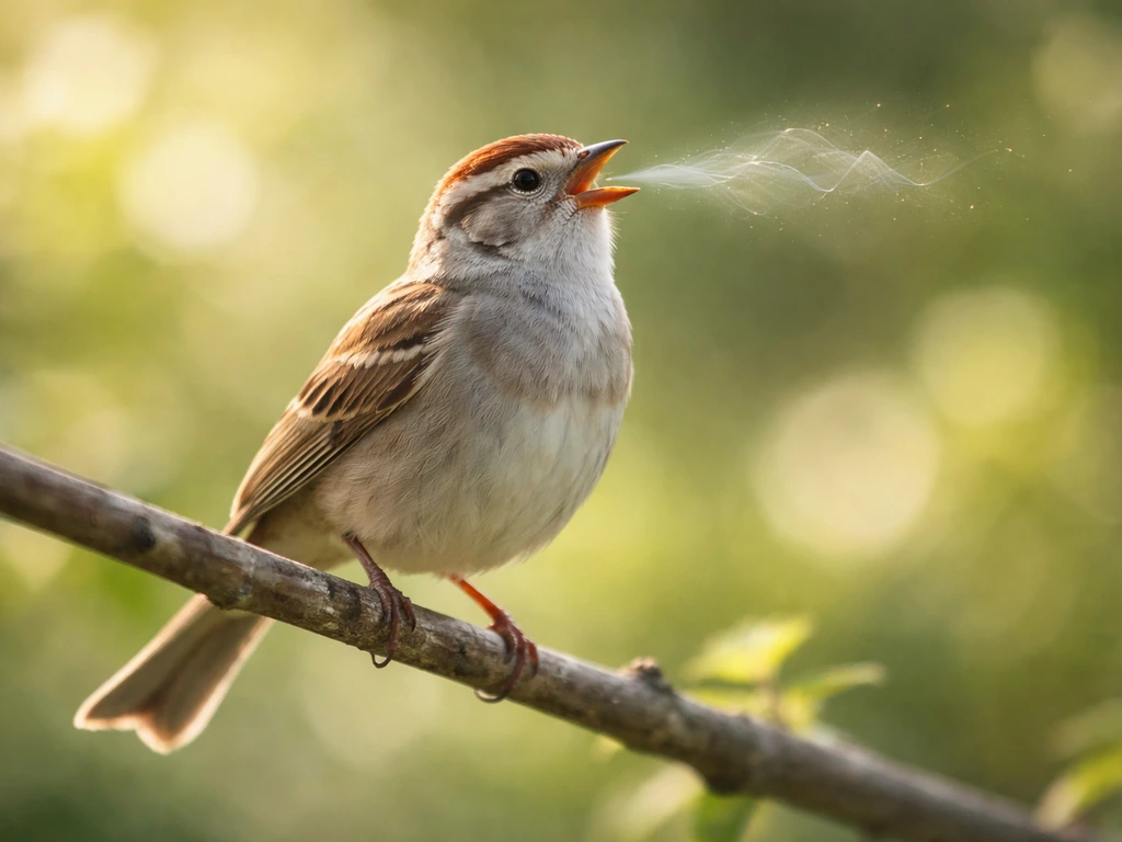 Close-up of a calling bird perched on a branch with faint abstract waveform-like shimmer for decoding meaning.