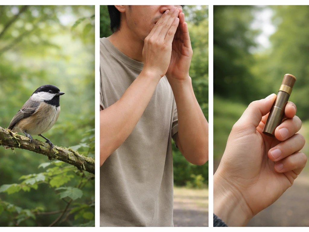 Three side-by-side scenes: a bird in habitat, a person mimicking a call, and a hand whistle device outdoors.