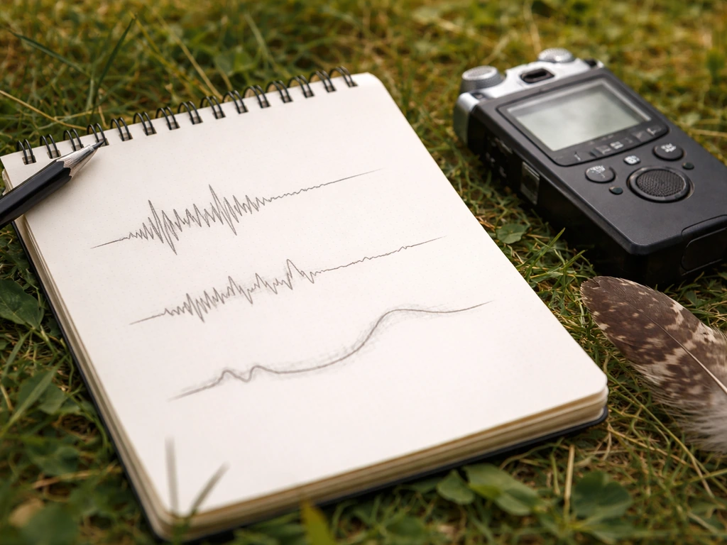 Close-up of a notebook and small recorder on grass with simple hand-drawn sound-wave traces.