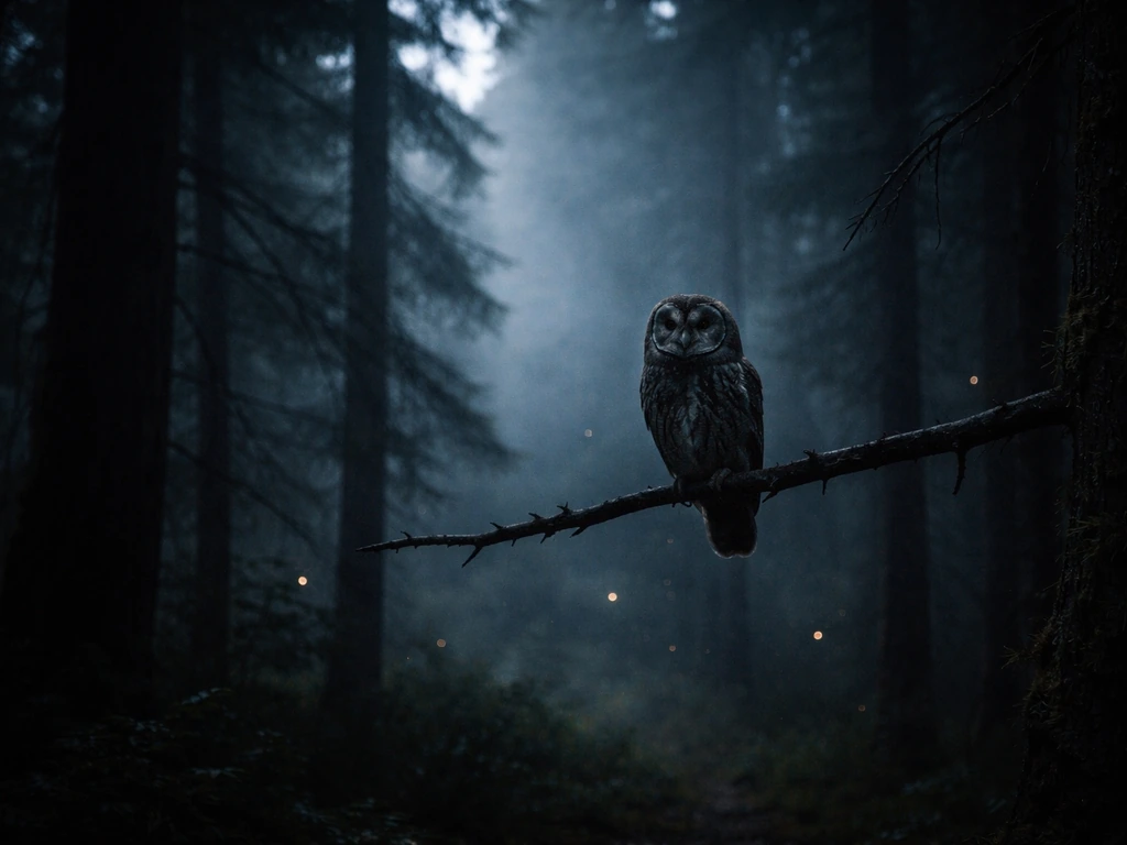 An owl perched in a quiet nighttime forest, spotlighted by moonlight with subtle folklore symbolism.
