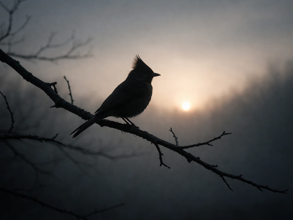 A crested bird silhouette perched at dawn on a quiet branch, glowing in misty twilight