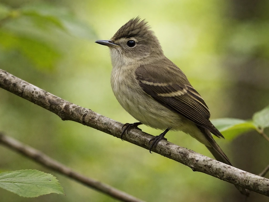 Side view of an unidentified small bird perched on a branch, crest-like feathers visible among green leaves.