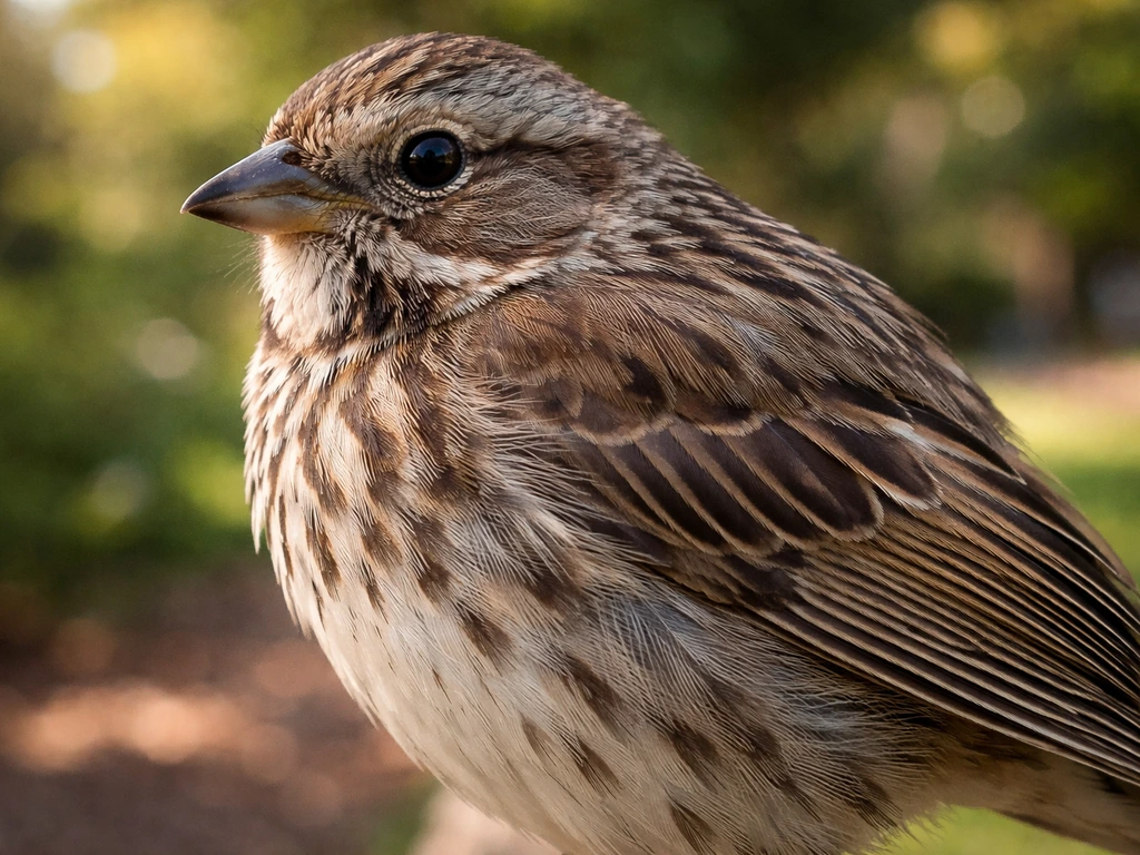 Close-up of a small bird’s feathers showing detailed color, pattern, and slight wear