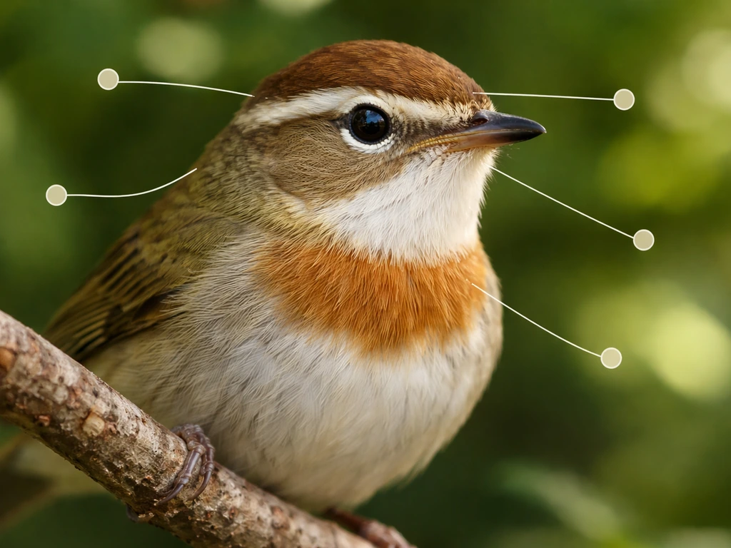 Close-up of a songbird’s face highlighting eye ring, brow stripe, cap, and throat patch with callout dots.